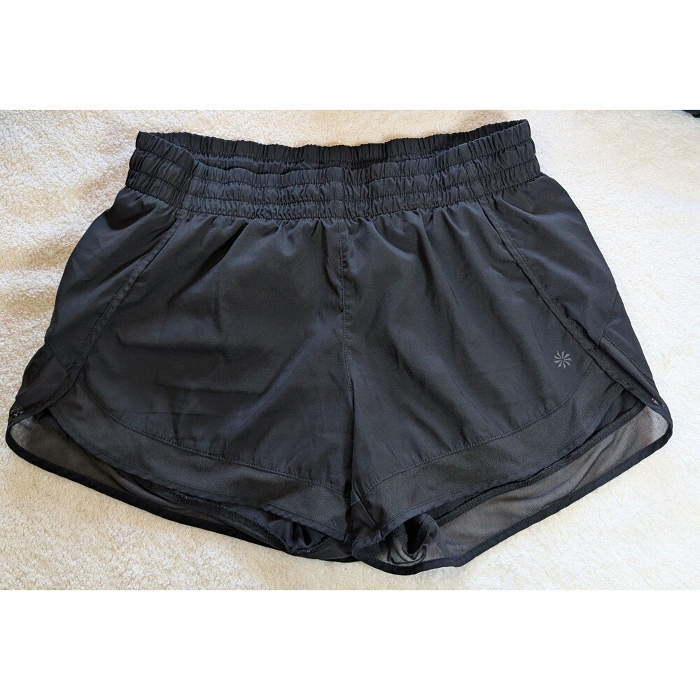 Athleta Mesh Racer Run Short 4" Black Athletic Shorts S Pocket Brief Liner